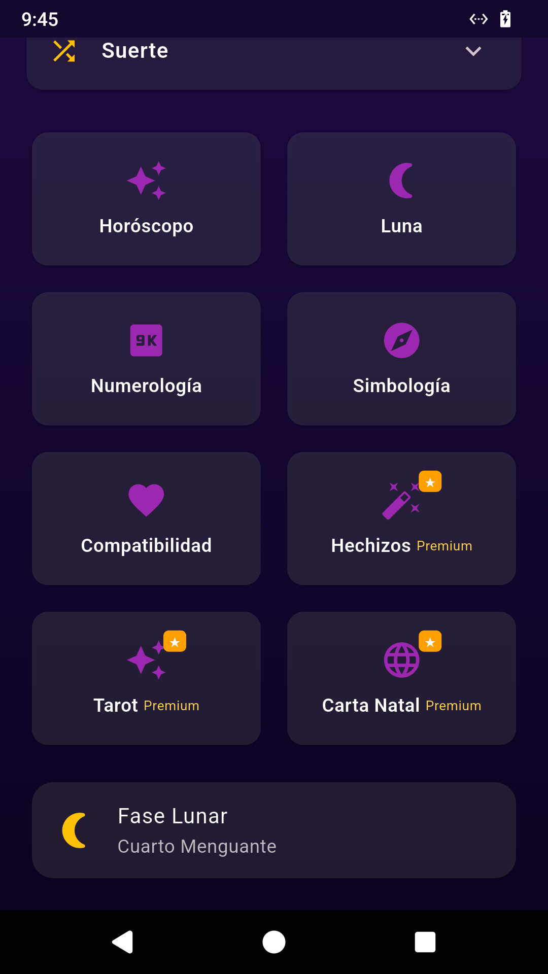 Captura real de Mundo Astro con accesos a horóscopo, Luna, numerología, simbología, compatibilidad y opciones Premium.
